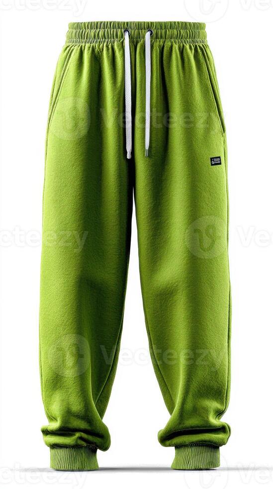 Bright green sweatpants with elastic cuffs and drawstring detail for casual wear or athletic activities photo