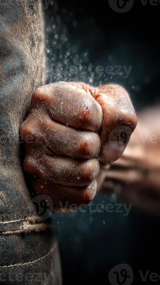 Strong fist gripping the fabric with determination during a training session in a dimly lit gym photo