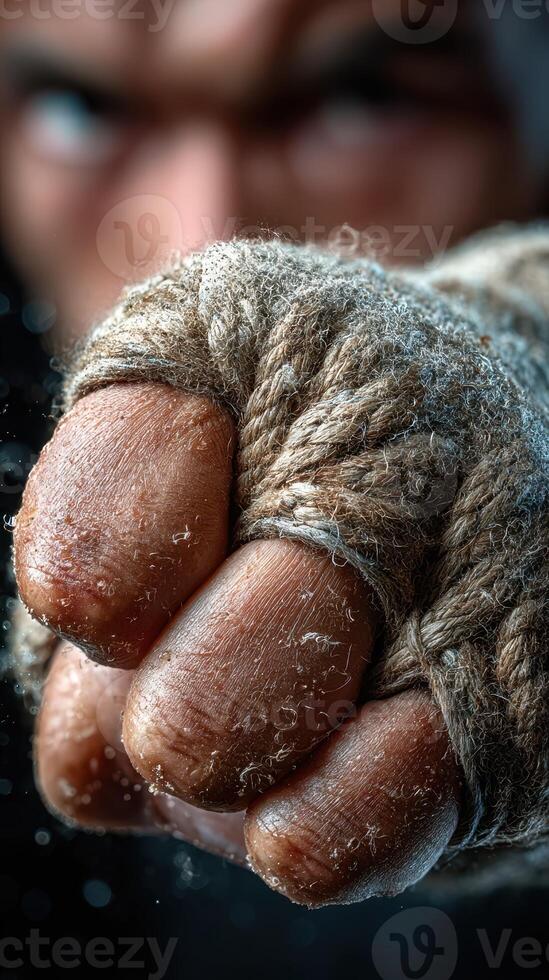 Close-up of a wrapped fist preparing for a boxing match in a training environment during evening hours photo