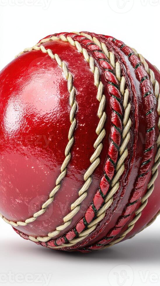 Close-up view of a vibrant red cricket ball with detailed stitching, showcasing craftsmanship and design in sports equipment photo