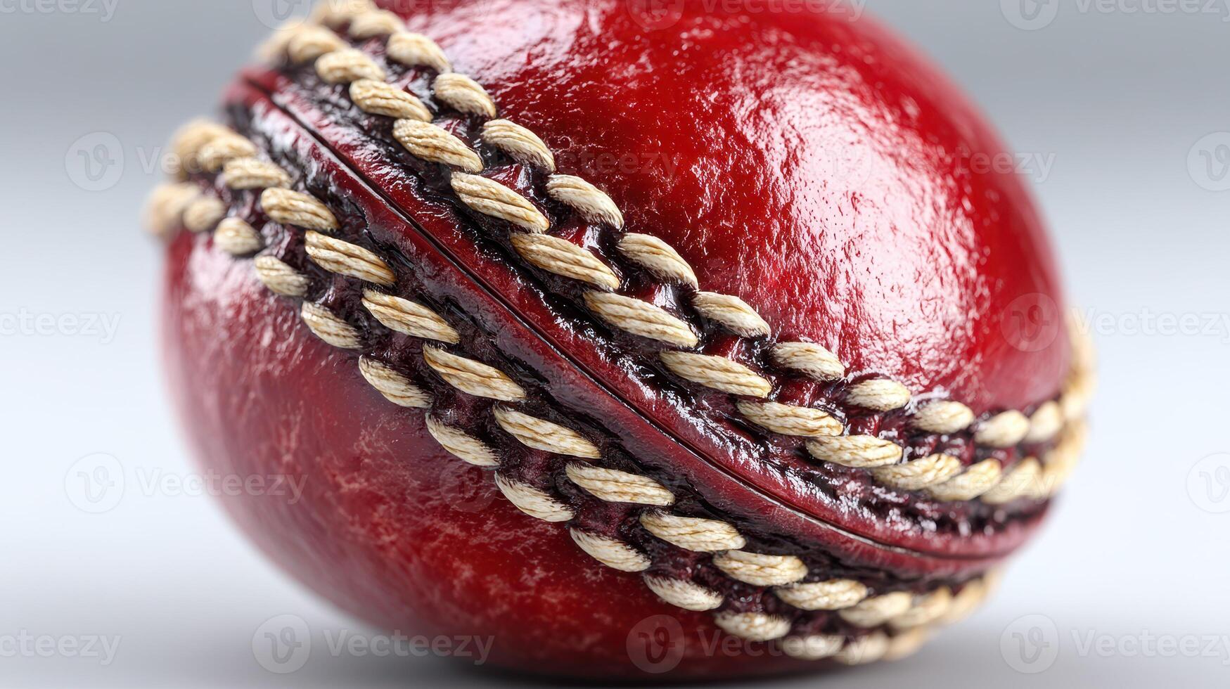 Cricket ball with intricate stitching displayed on a neutral background capturing its rich color and texture photo