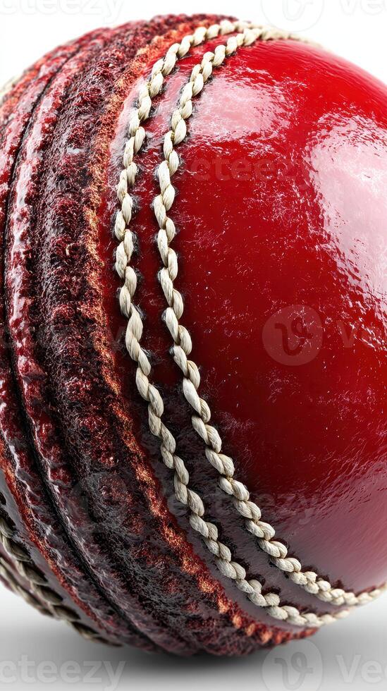Close view of a red cricket ball showcasing its intricate stitching and texture with focus on details photo