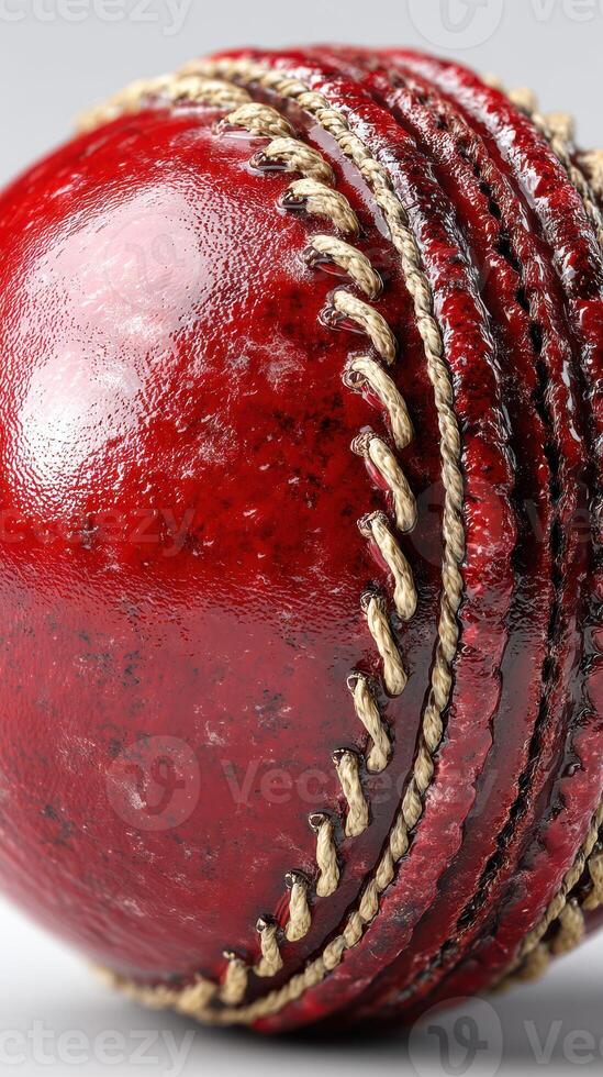Red cricket ball close up highlighting texture and stitching for sports enthusiasts and players photo