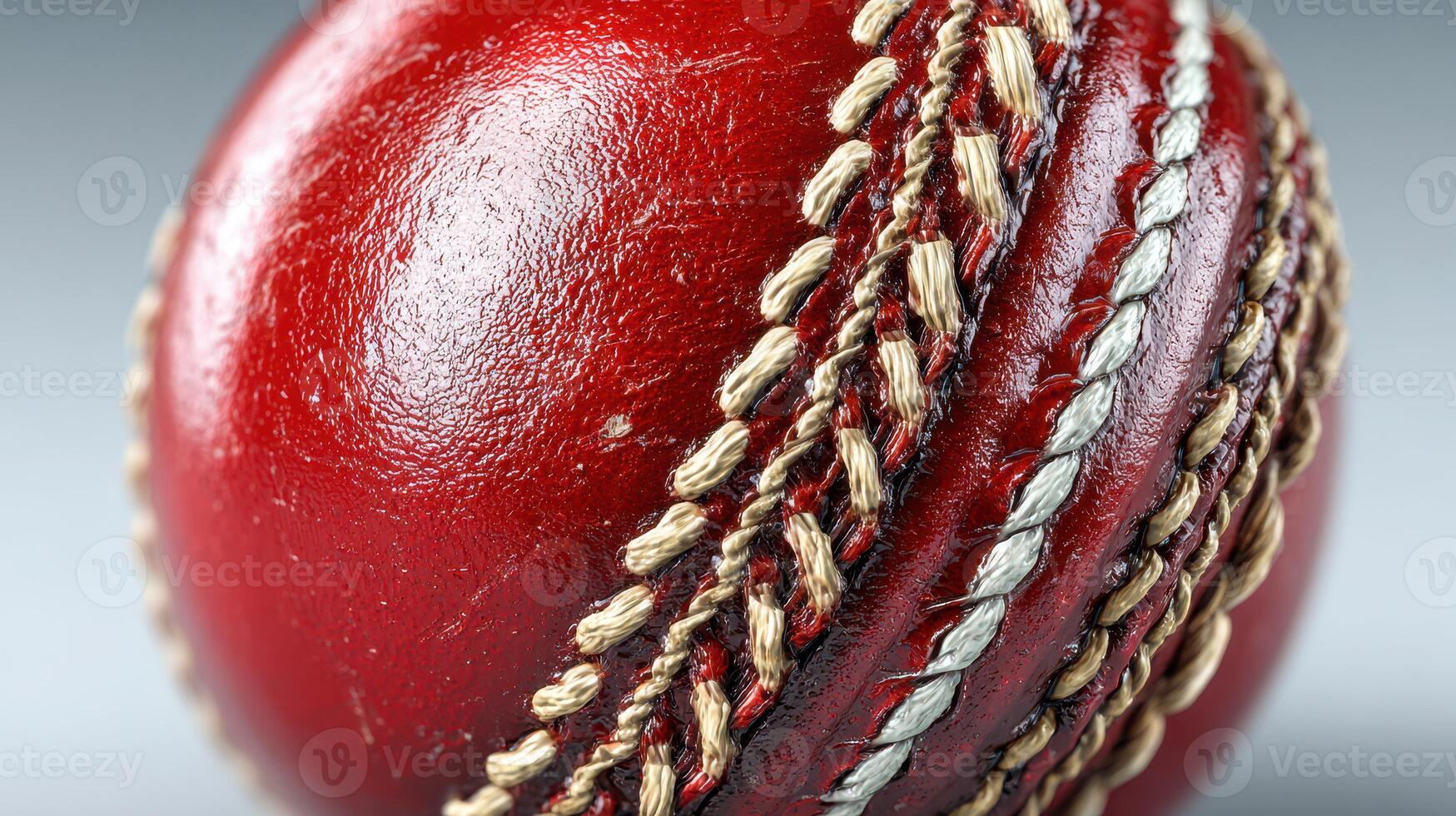 Close-up view of a red cricket ball showcasing stitching and texture under soft lighting in a sports setting photo