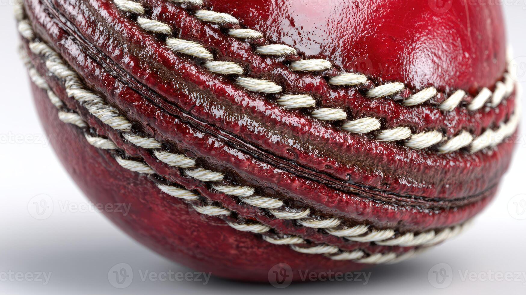 Cricket ball close-up reveals detailed stitching and glossy surface during a game moment in the afternoon sun photo
