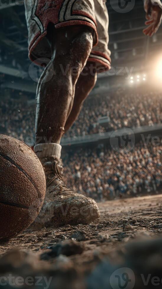 Basketball player prepares to make a move during an intense game in a packed arena at night photo