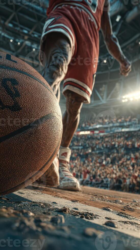 Basketball player prepares for shot during intense game in packed arena under bright lights photo