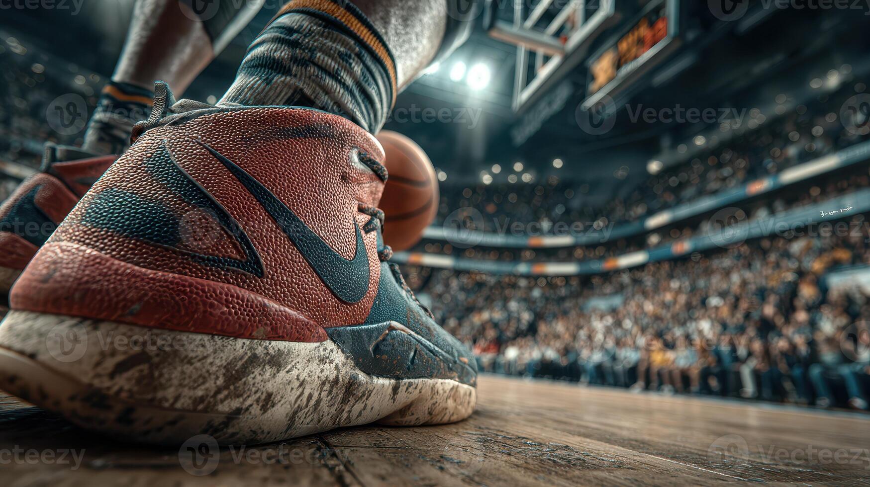 Basketball player prepares for shot on court during high-energy game in packed arena photo