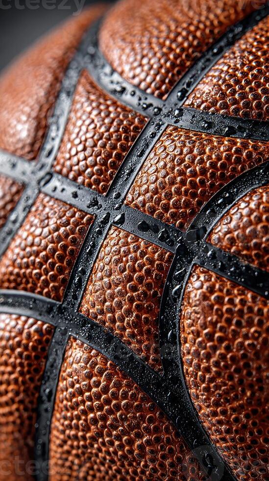 Close-up view of a wet basketball highlighting texture and grip details in an indoor setting photo