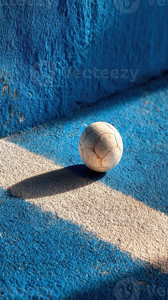 Soccer ball rests on textured blue and gray surface during bright daylight photo