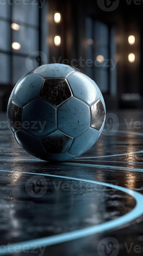 Soccer ball resting on court surface with reflections and ambient lighting in a sports facility photo