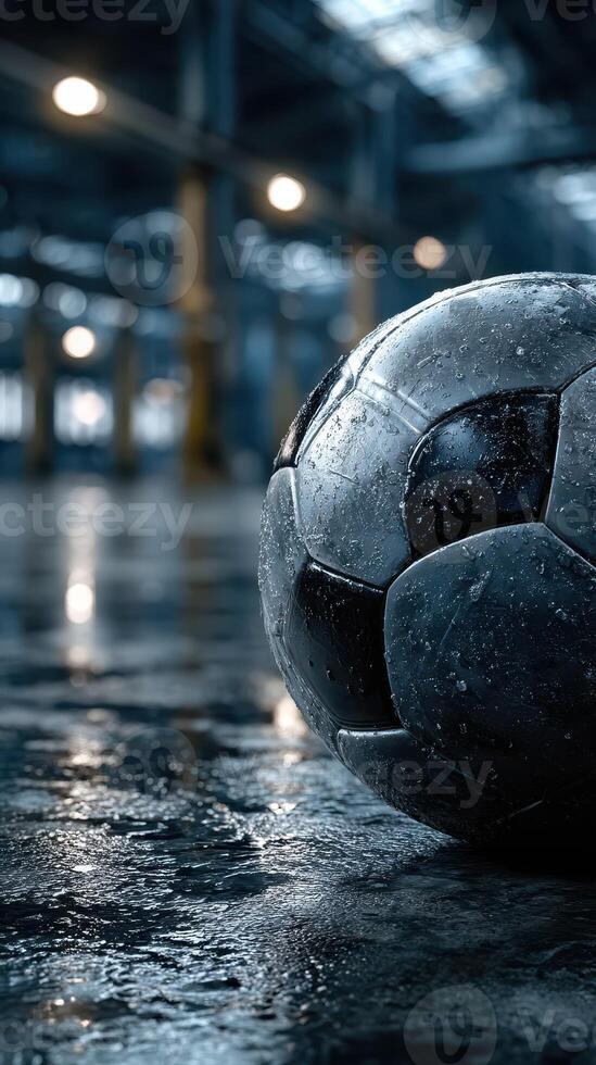 Wet soccer ball rests on a shiny surface in an industrial setting during the evening photo