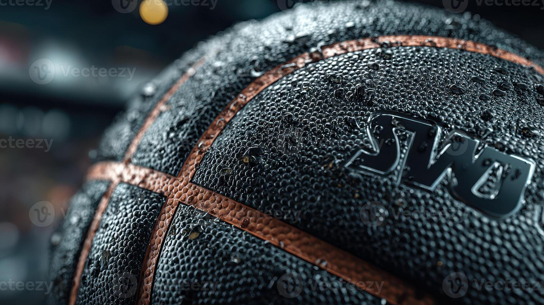 Close-up of a wet basketball resting on a court during an intense game at a sports arena in the evening photo