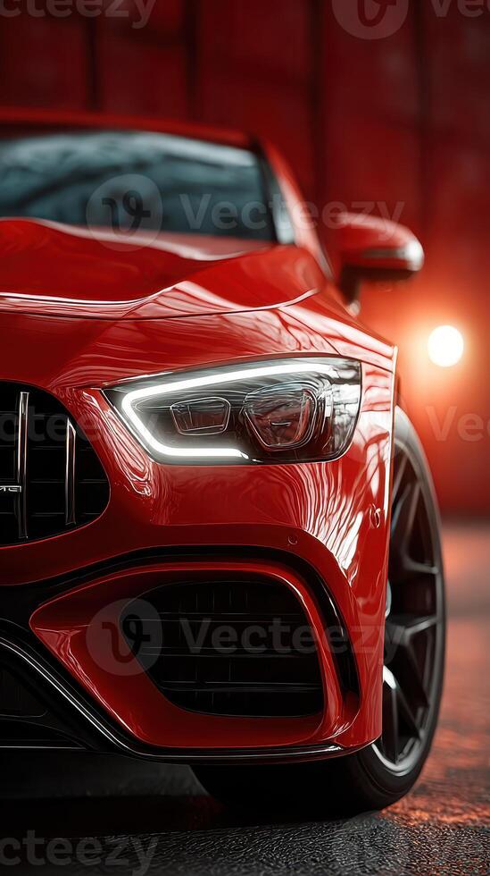 Bright red luxury car illuminated in dynamic lighting showcasing design details in a modern urban setting photo