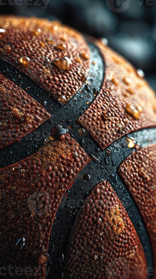 Close-up of a wet basketball with droplets showcasing its texture and design in a dramatic lighting setting photo
