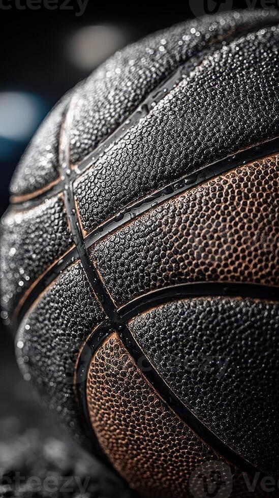 Close-up of a basketball with water droplets highlighting its texture in a dramatic lighting setup photo