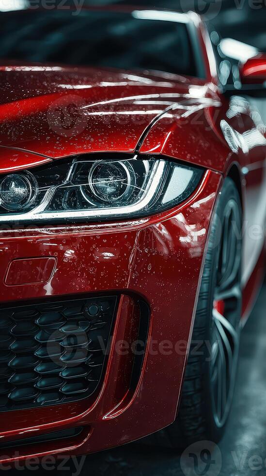 Red sports car with water droplets captured in a showroom setting during the afternoon photo