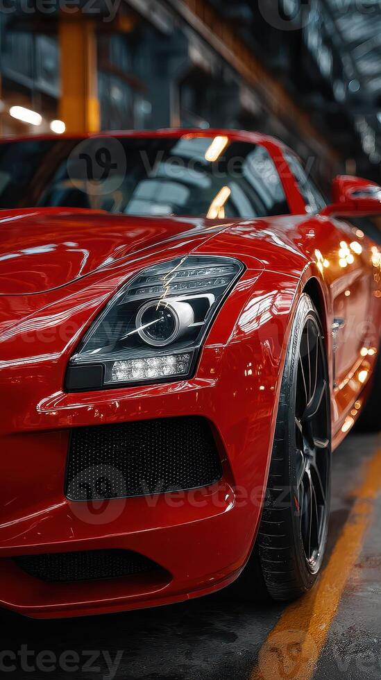 Sporty red car parked in a modern garage showcasing its sleek design and powerful stance during late afternoon hours photo