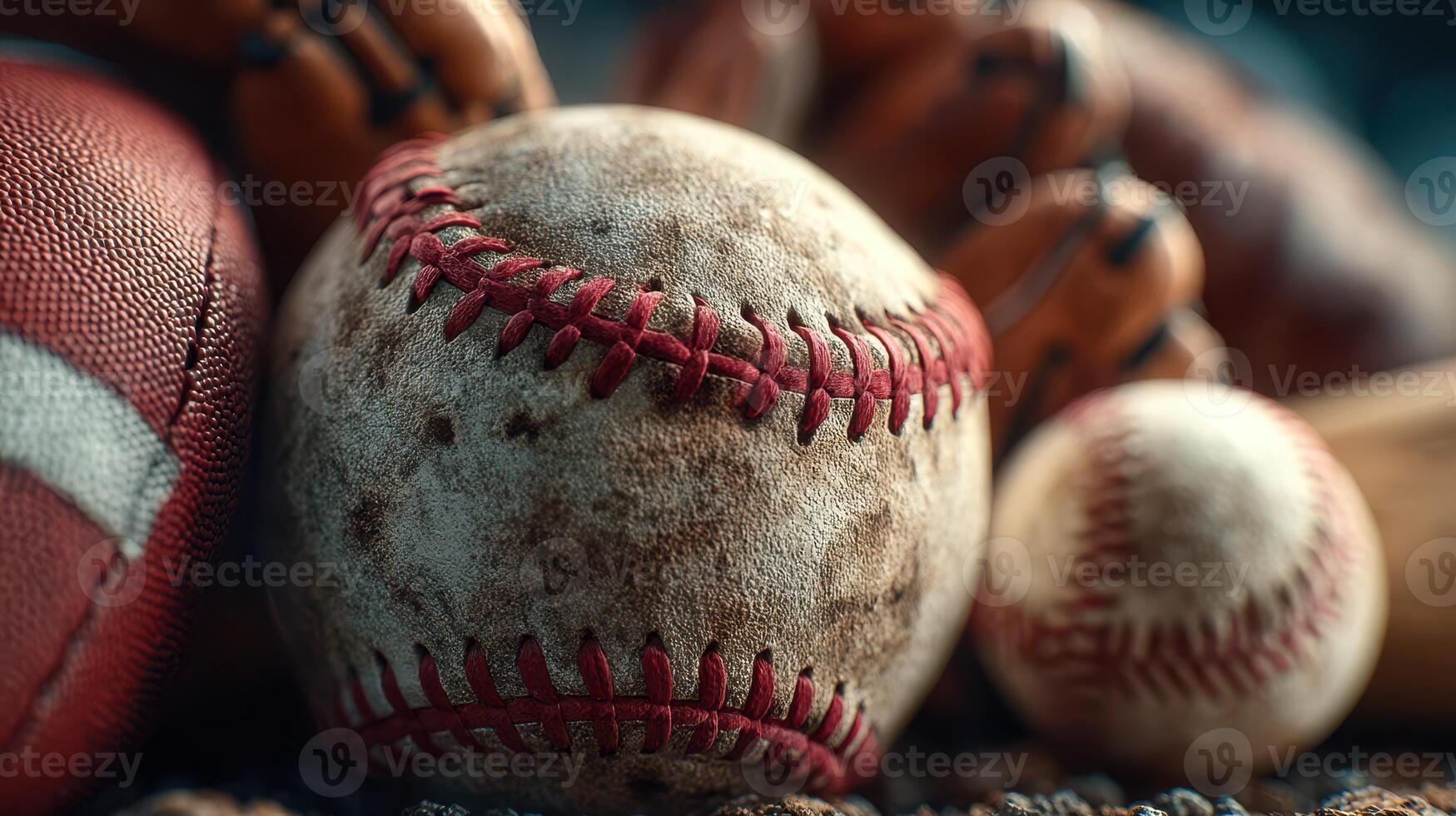 Baseball and football gear displayed on a textured surface at a sporting venue in daytime conditions photo