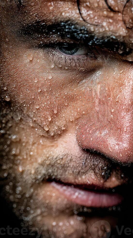 Close-up of a man with water droplets on his face showcasing intense expression and details in a dramatic, moody setting photo