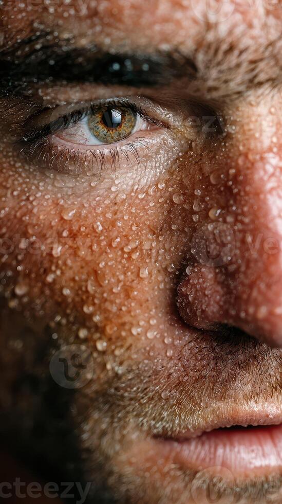 Close-up view of a man with water droplets on his face, emphasizing an intense expression and texture of skin photo