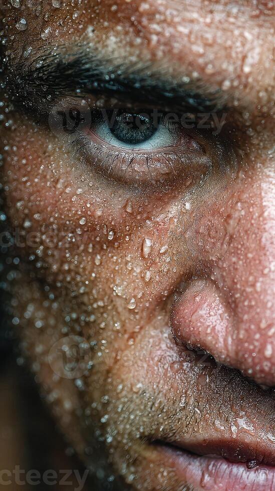 Intense close-up of a determined athlete with beads of sweat after a rigorous workout in the gym photo