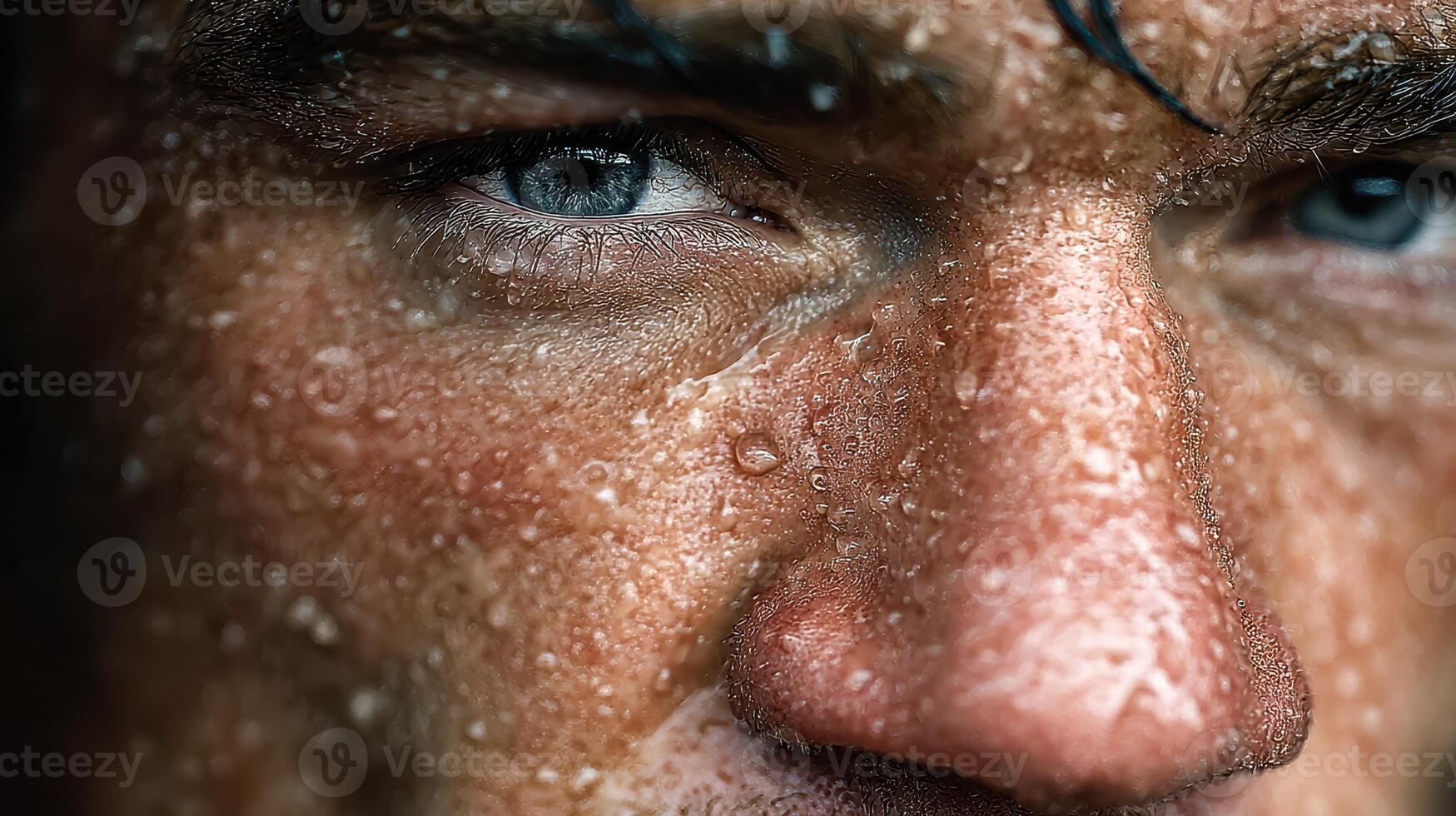 Close-up of a determined man with rain on his face showcasing resilience and strength during a difficult moment photo