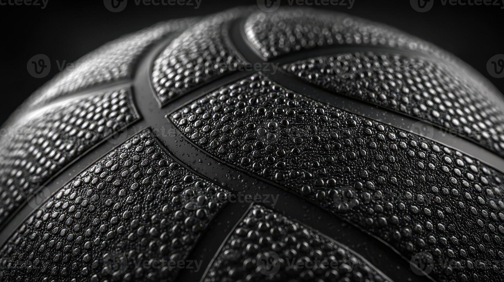 Close-up of a basketball highlighting its textured surface and droplets of moisture in a dramatic black and white setting photo