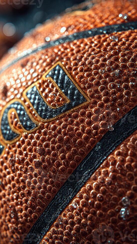 Close-up of a wet basketball with visible texture and droplets captured indoors just after a game photo