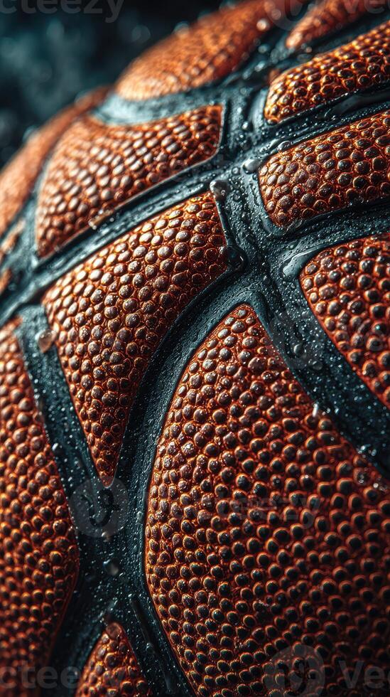 Close-up view of a wet basketball showcasing detailed texture and surface features with drops of water photo