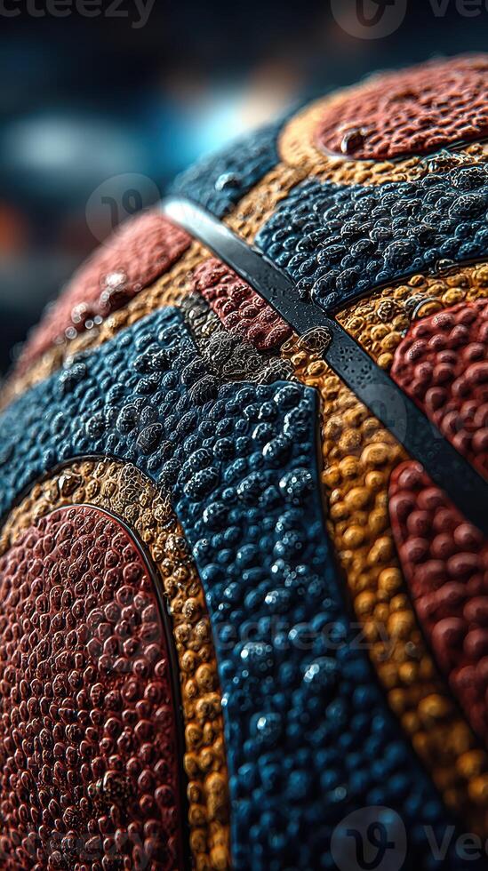 Close-up view of textured basketball with water droplets highlighting its surface during a game night photo