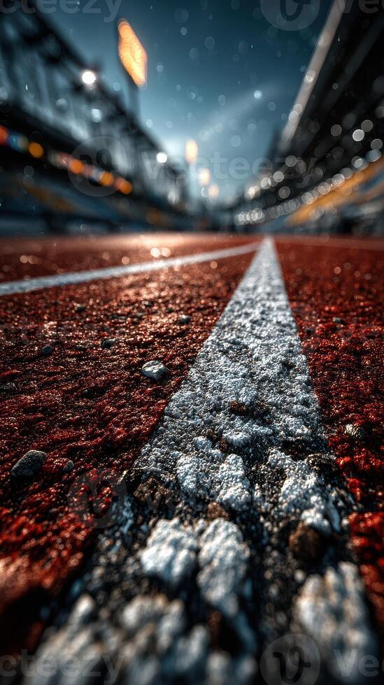Athletic track under water droplets during twilight with stadium lights glowing in the background photo