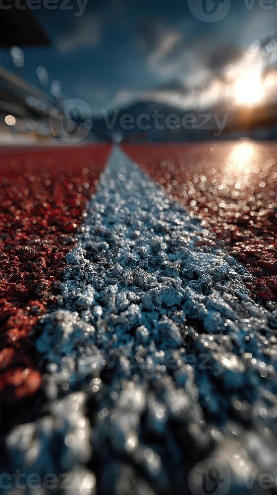 Close-up view of a racing track with water droplets at sunset lighting the scene photo