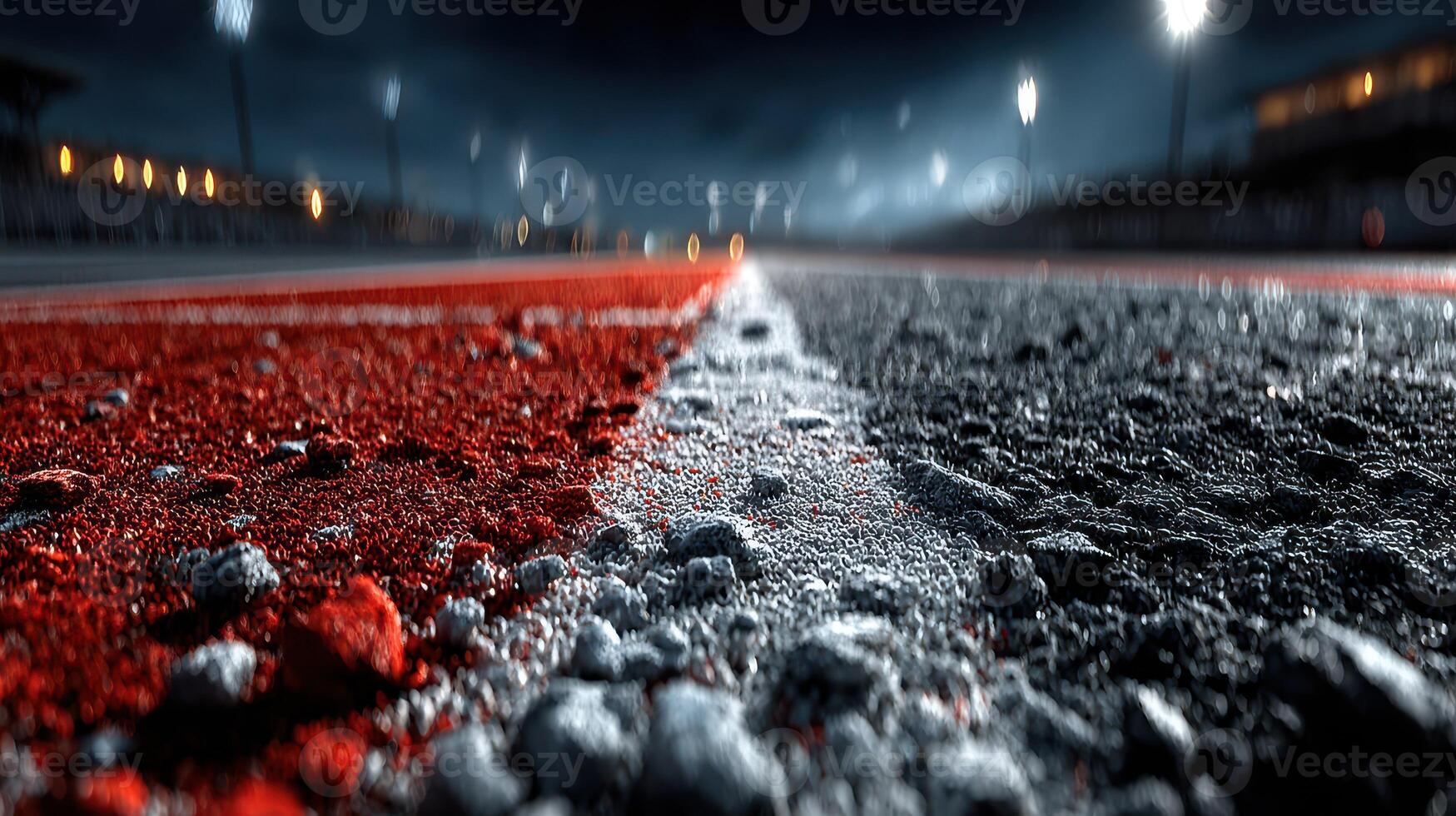 Close view of a racetrack at night featuring red and black asphalt under stadium lights photo