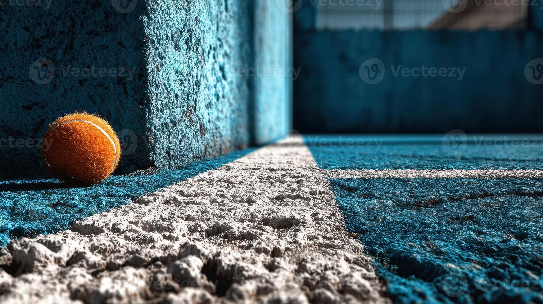 Tennis ball resting on a vibrant blue court during a sunny day at the local sports complex photo