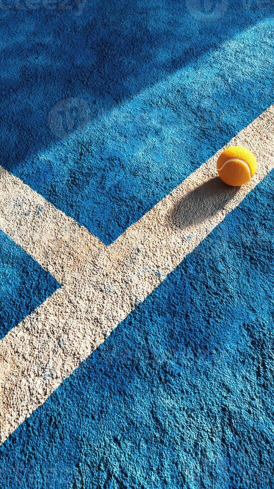 Tennis ball rests on blue court surface during sunny day, inviting play and fun activity for athletes and enthusiasts alike photo