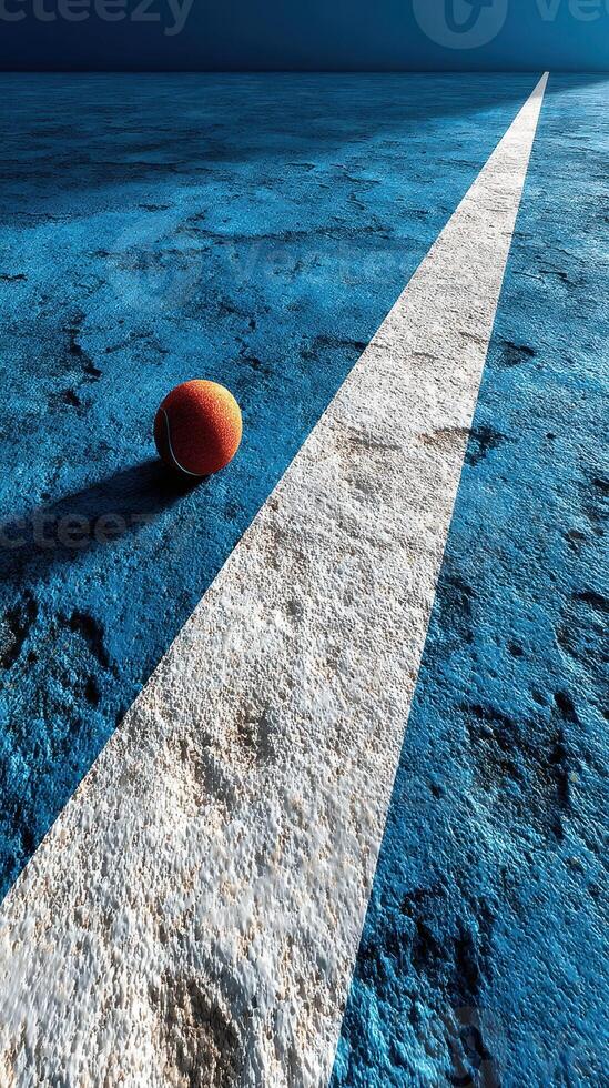 Tennis ball resting on a blue court surface with a stark white line marking the boundary in a well-lit indoor setting photo