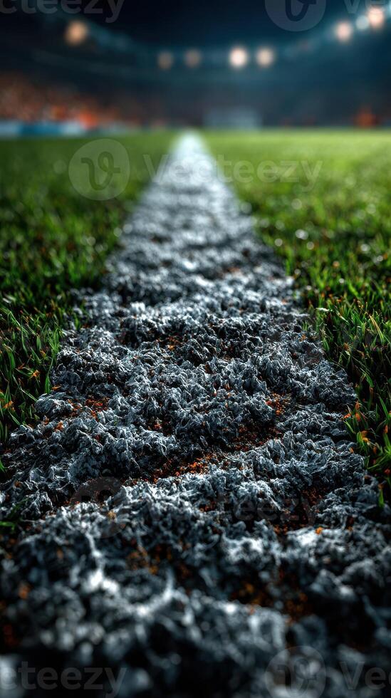 Close-up view of a soccer field's boundary line with blurred stadium lights in the background during a night match photo