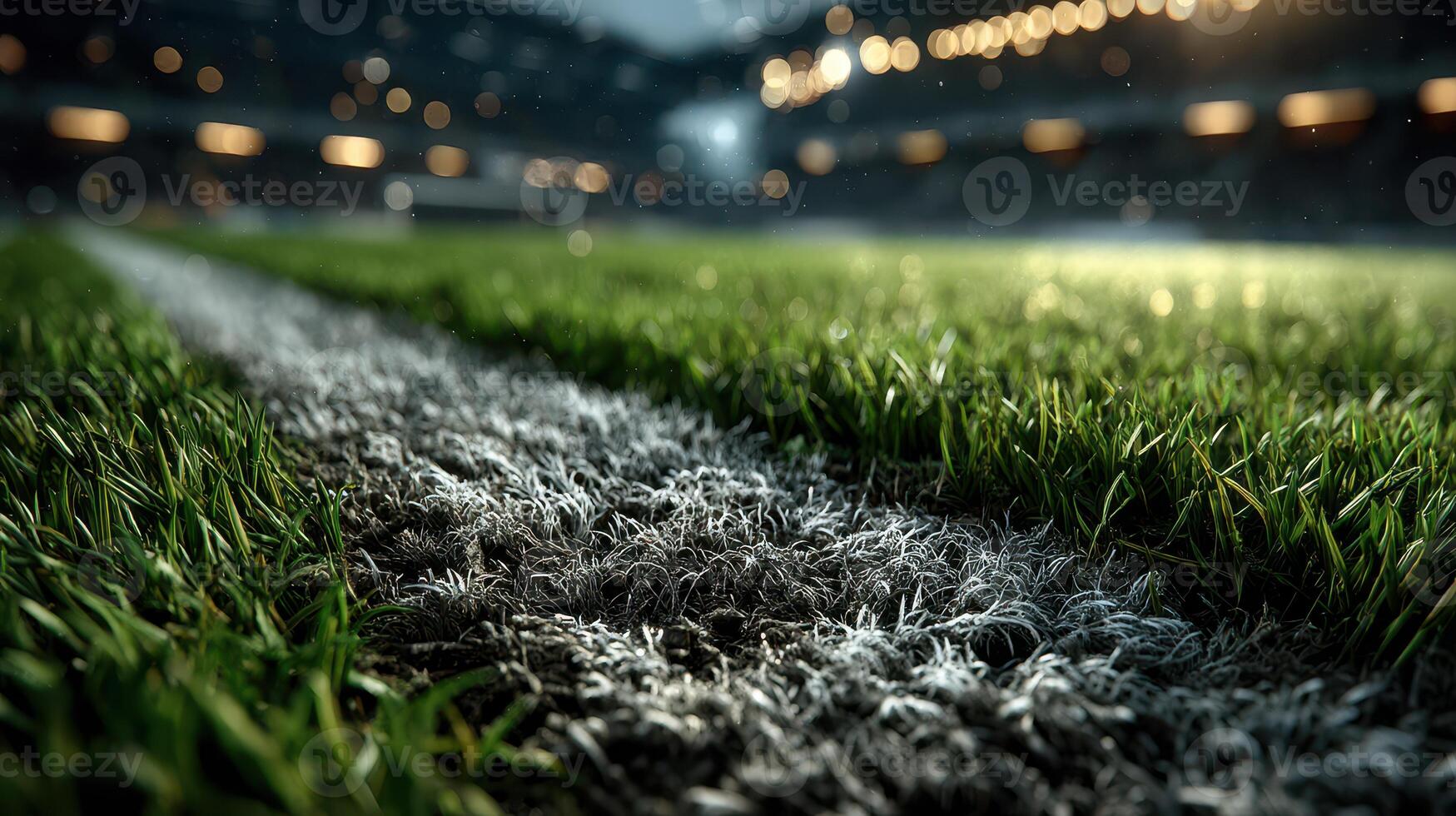 Grass field with detailed white line at a sports stadium during an evening match event photo