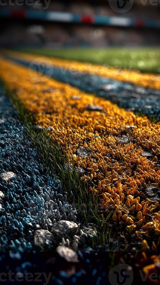 Close-up view of colorful synthetic turf lines on a sports field during daylight hours photo