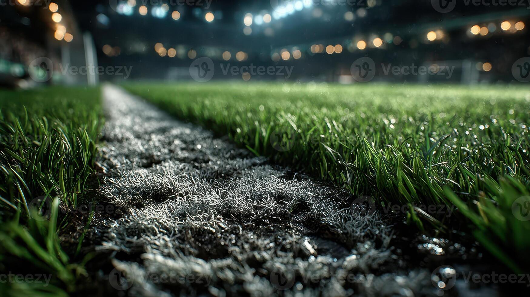 Players preparing for an intense soccer match on a wet grass field under stadium lights at night photo