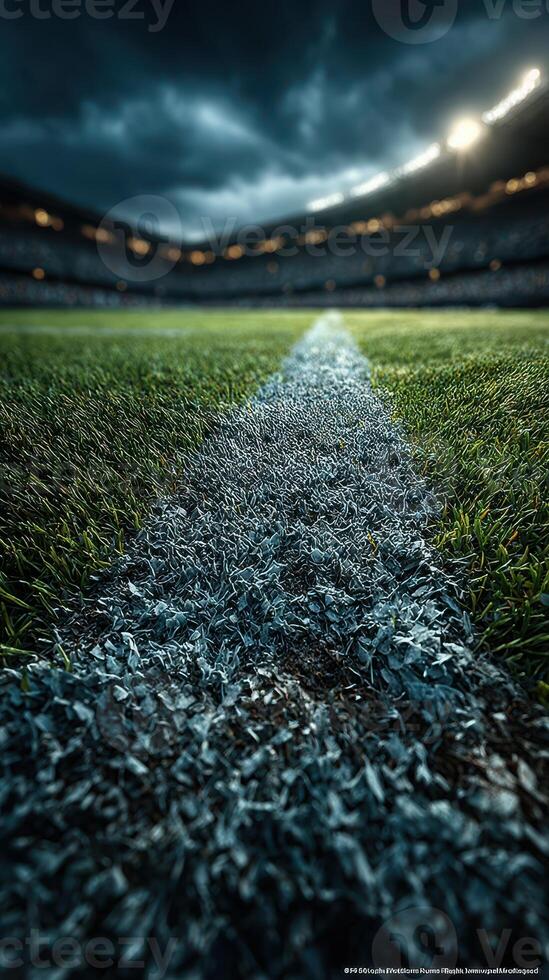 Close-up view of a soccer field line during a dramatic late afternoon match at a stadium photo