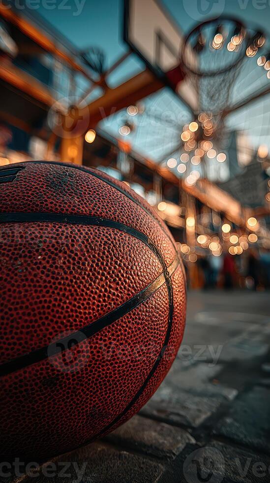 Basketball resting on ground in vibrant urban market during early evening with soft lights twinkling above photo