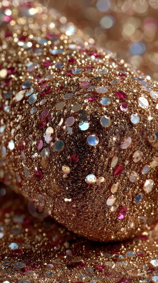 Shimmering golden fabric with colorful sequins under bright light photo