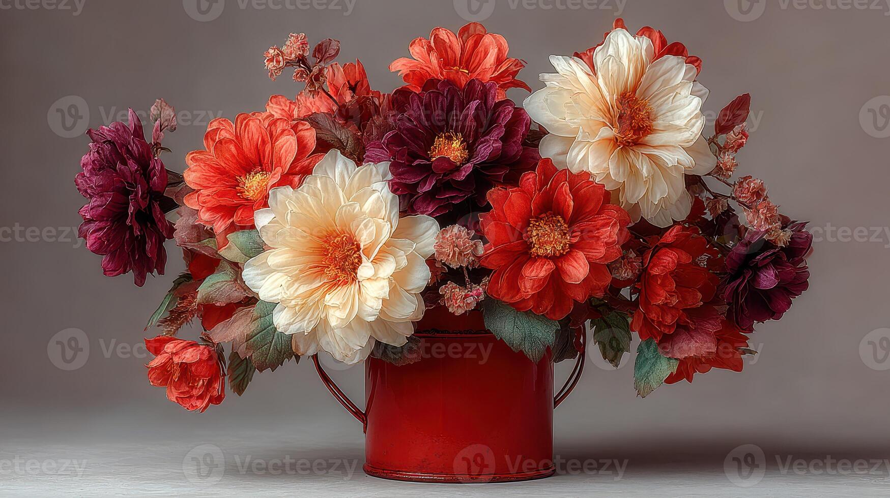Colorful floral arrangement in a red pot with vibrant dahlias and decorative leaves photo