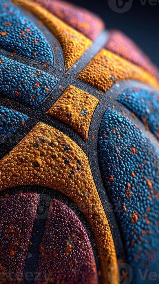 Close-up view of a basketball surface showing texture and moisture drops with vivid colors in a studio setting photo