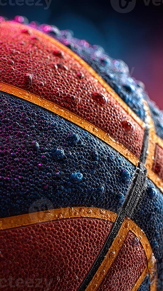 Close-up of a wet basketball with water droplets on its surface showcasing vibrant colors and texture in a dramatic light setting photo