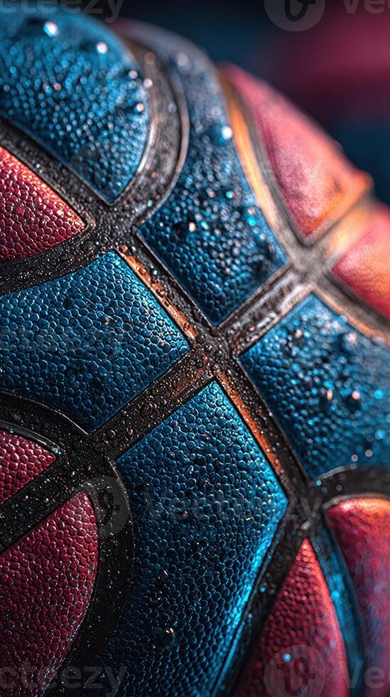 Close-up of a textured basketball with droplets highlighting its vibrant colors in a dramatic setting photo