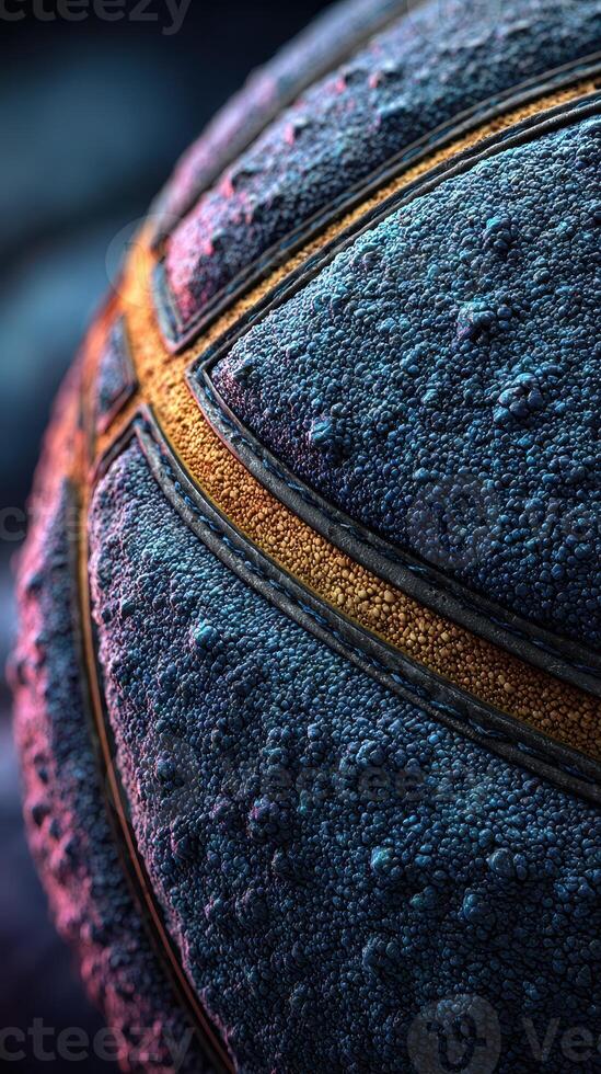 Close-up of a textured basketball highlighting intricate details and vibrant colors in artificial lighting photo