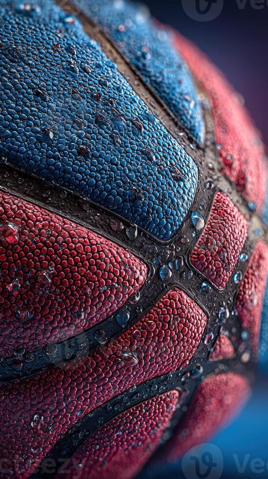 Close-up of a wet basketball showing texture and colors in a vibrant setting during a sports event photo